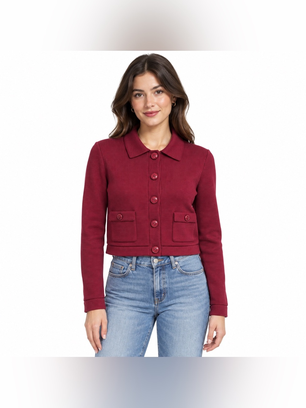 Zara Burgundy Cropped Knit Cardigan Jacket Size S Button Front Pockets